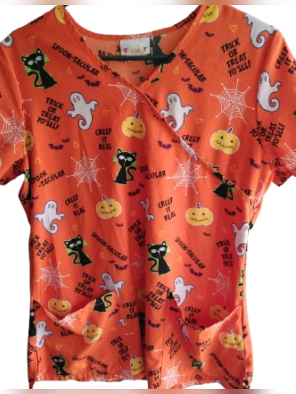 Scrubstar Orange Halloween Print Scrub Top